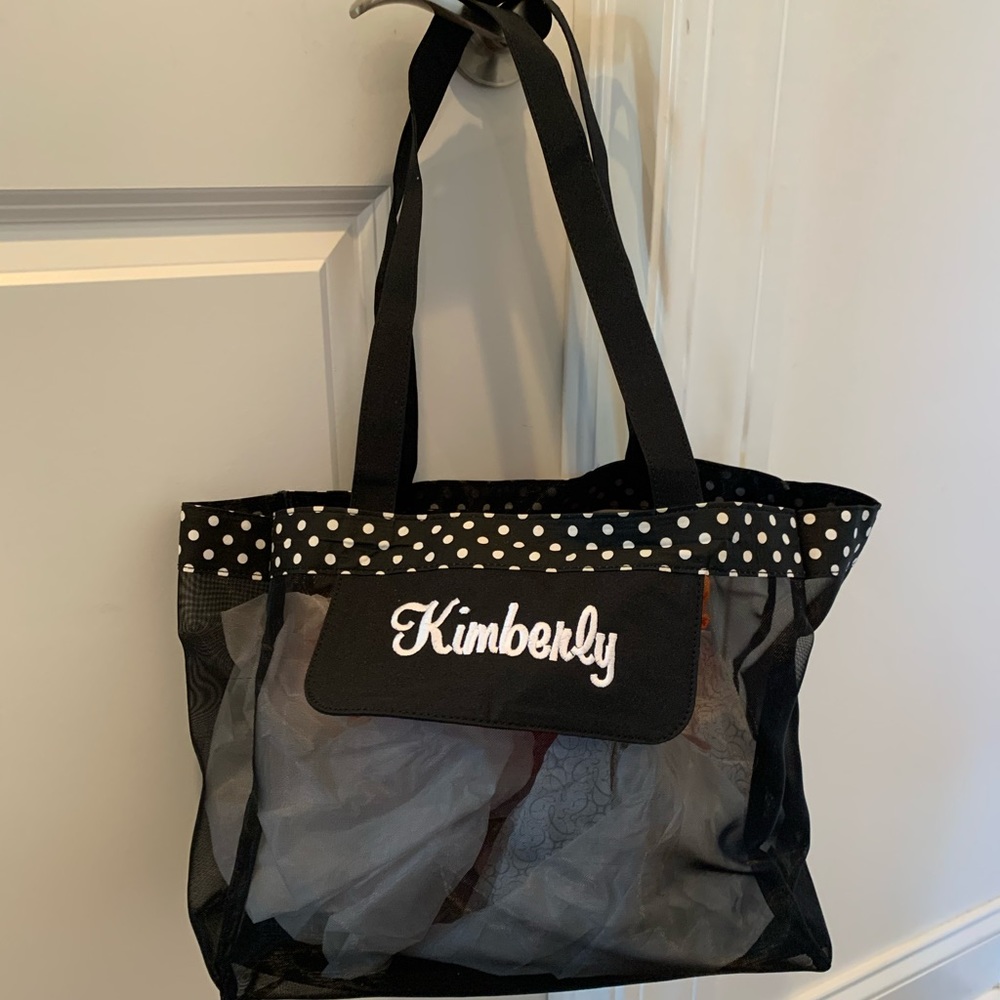 Black/white polkadot mesh tote with “Kimberly”